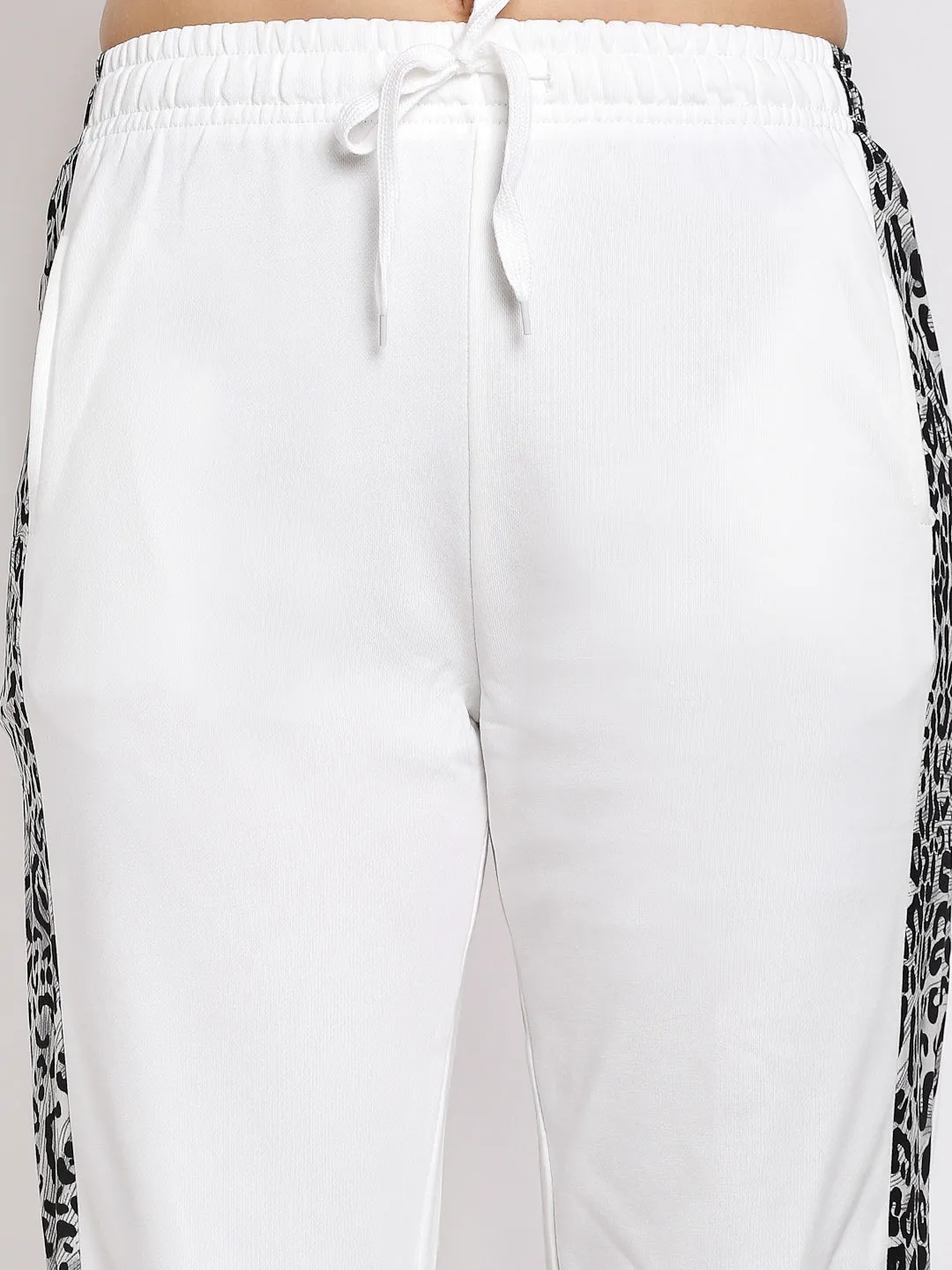 Women Off-White Cotton Blend Joggers with Leopard Print On Side