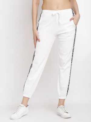 Women Off-White Cotton Blend Joggers with Leopard Print On Side