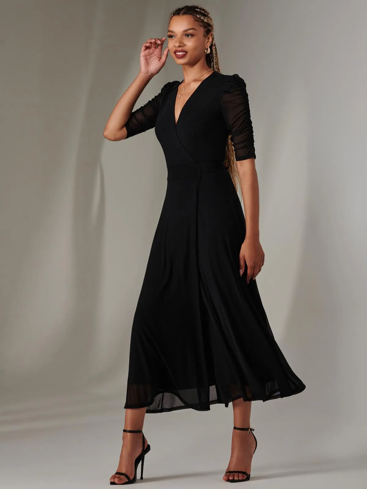 Zeena Plain Wrap Mesh Maxi Dress, Black